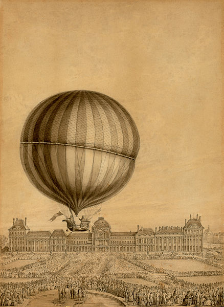An illustration of the first flight by Professor Jacques Charles, December 1, 1783. His choice of travel must have looked quite mysterious to onlookers.